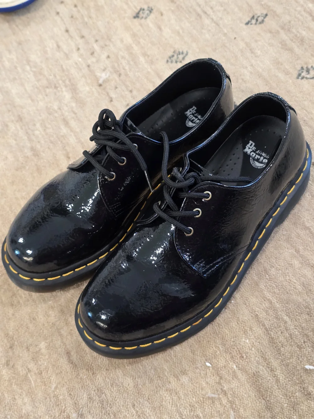Dr. Martens Black Patent Leather Lace-Up Oxfords with Yellow Stitching